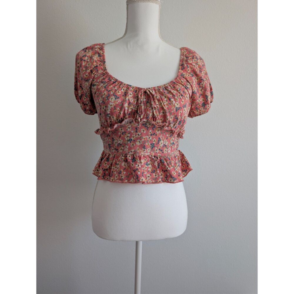 Haute Monde Pink Floral Crop Top Sweetheart Puff Sleeve Peplum Blouse Size M